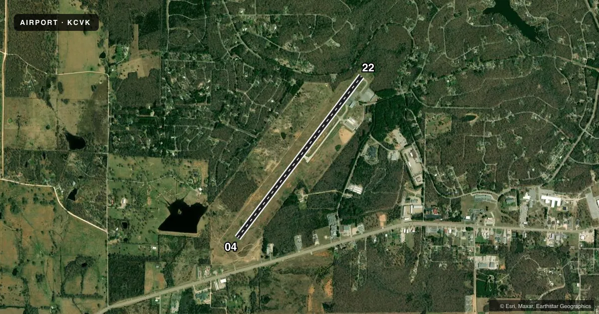 Top-down satellite sketch of KCVK SHARP COUNTY RGNL in ASH FLAT, ARKANSAS, showing runways 04/22 drawn to scale over Esri World Imagery
