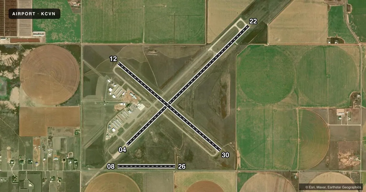 Top-down satellite sketch of KCVN CLOVIS RGNL in CLOVIS, NEW MEXICO, showing runways 04/22, 12/30, 08/26 drawn to scale over Esri World Imagery