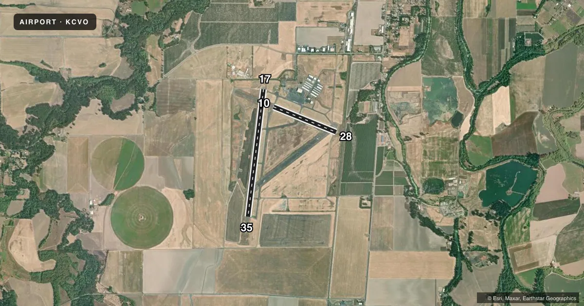 Top-down satellite sketch of KCVO CORVALLIS MUNI in CORVALLIS, OREGON, showing runways 17/35, 10/28 drawn to scale over Esri World Imagery