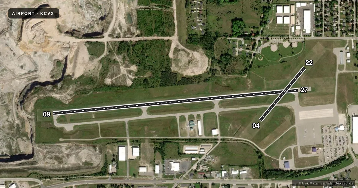 Top-down satellite sketch of KCVX CHARLEVOIX MUNI in CHARLEVOIX, MICHIGAN, showing runways 09/27, 04/22 drawn to scale over Esri World Imagery