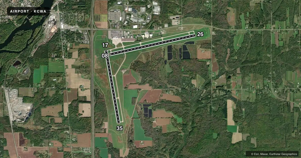 Top-down satellite sketch of KCWA CENTRAL WISCONSIN in MOSINEE, WISCONSIN, showing runways 08/26, 17/35 drawn to scale over Esri World Imagery