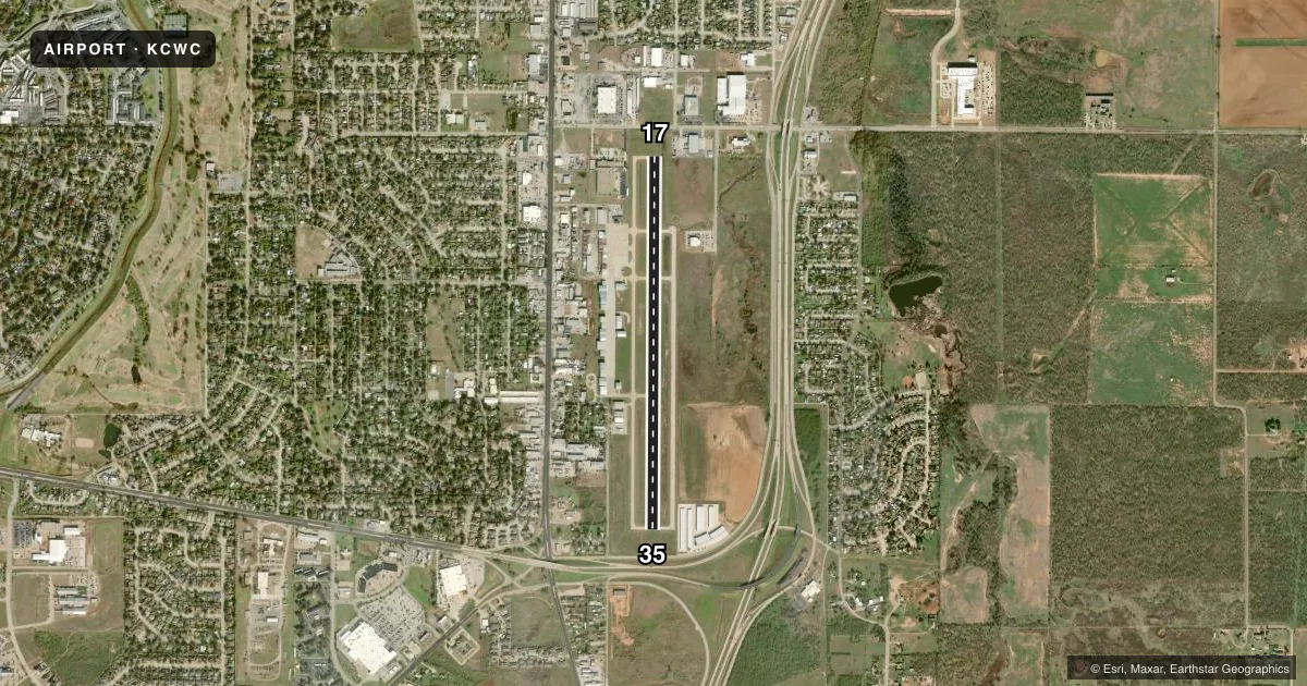 Top-down satellite sketch of KCWC KICKAPOO DOWNTOWN in WICHITA FALLS, TEXAS, showing runways 17/35 drawn to scale over Esri World Imagery