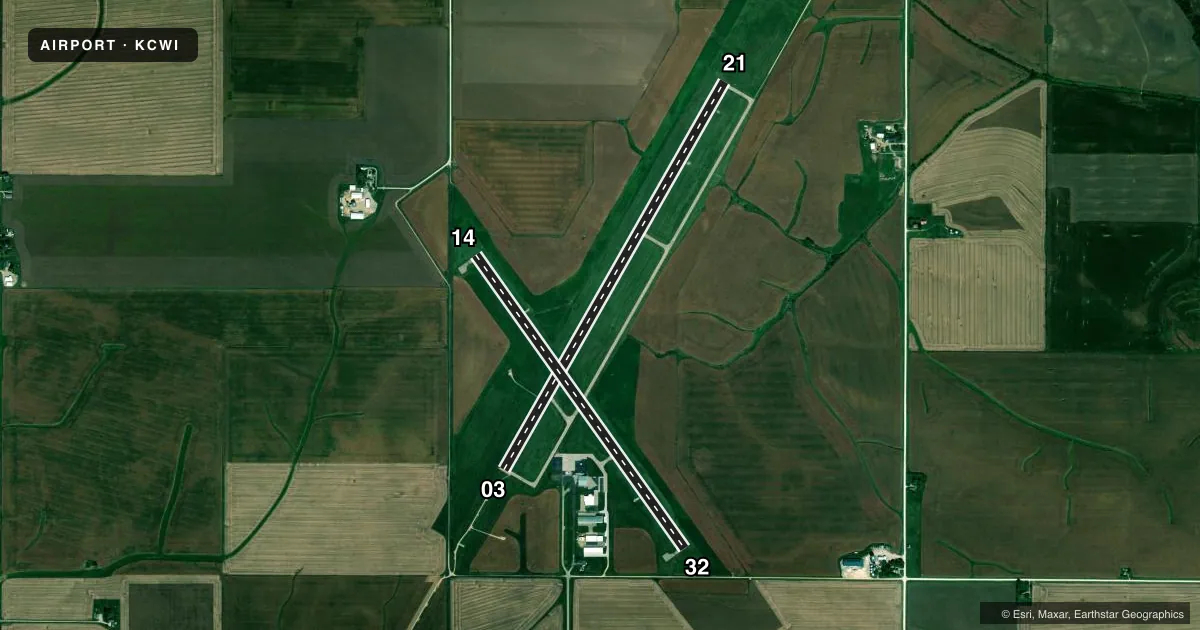 Top-down satellite sketch of KCWI CLINTON MUNI in CLINTON, IOWA, showing runways 03/21, 14/32 drawn to scale over Esri World Imagery