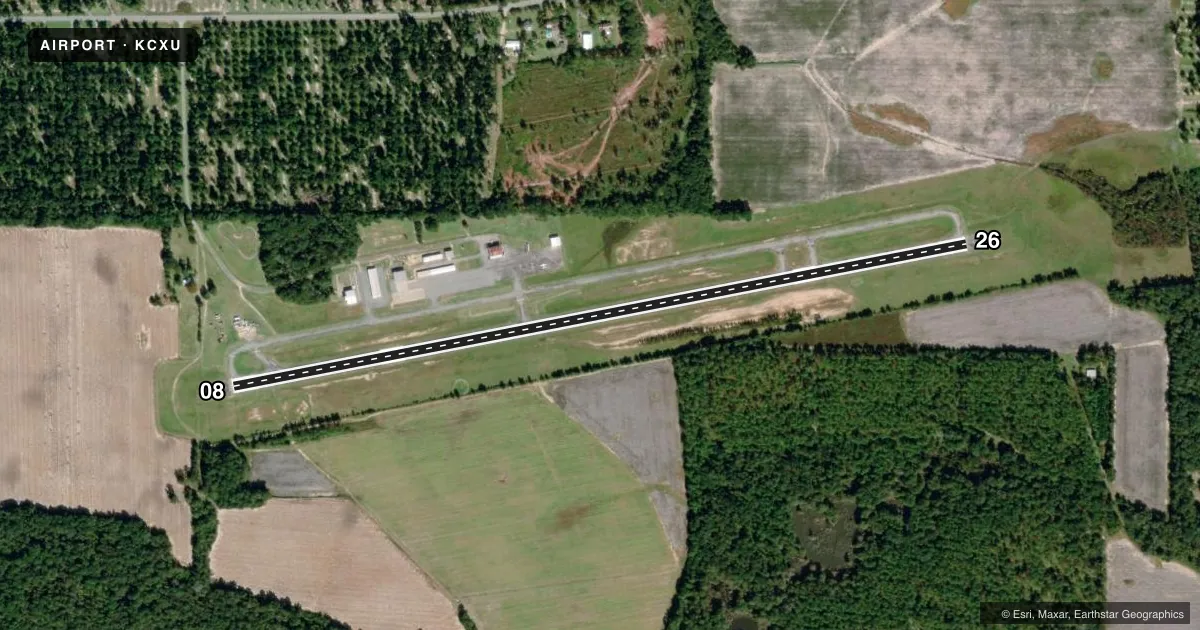 Top-down satellite sketch of KCXU CAMILLA-MITCHELL COUNTY in CAMILLA, GEORGIA, showing runways 08/26 drawn to scale over Esri World Imagery
