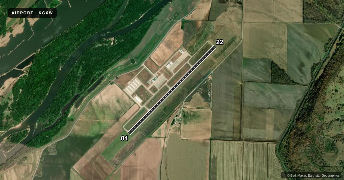 Top-down satellite sketch of KCXW CONWAY RGNL in CONWAY, ARKANSAS, showing runways 04/22 drawn to scale over Esri World Imagery