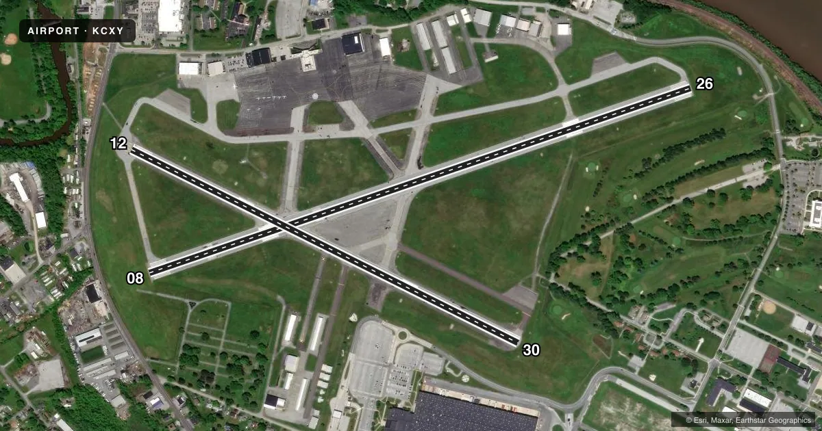 Top-down satellite sketch of KCXY CAPITAL CITY in HARRISBURG, PENNSYLVANIA, showing runways 08/26, 12/30 drawn to scale over Esri World Imagery