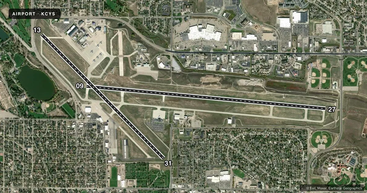 Top-down satellite sketch of KCYS CHEYENNE RGNL/JERRY OLSON FLD in CHEYENNE, WYOMING, showing runways 09/27, 13/31 drawn to scale over Esri World Imagery