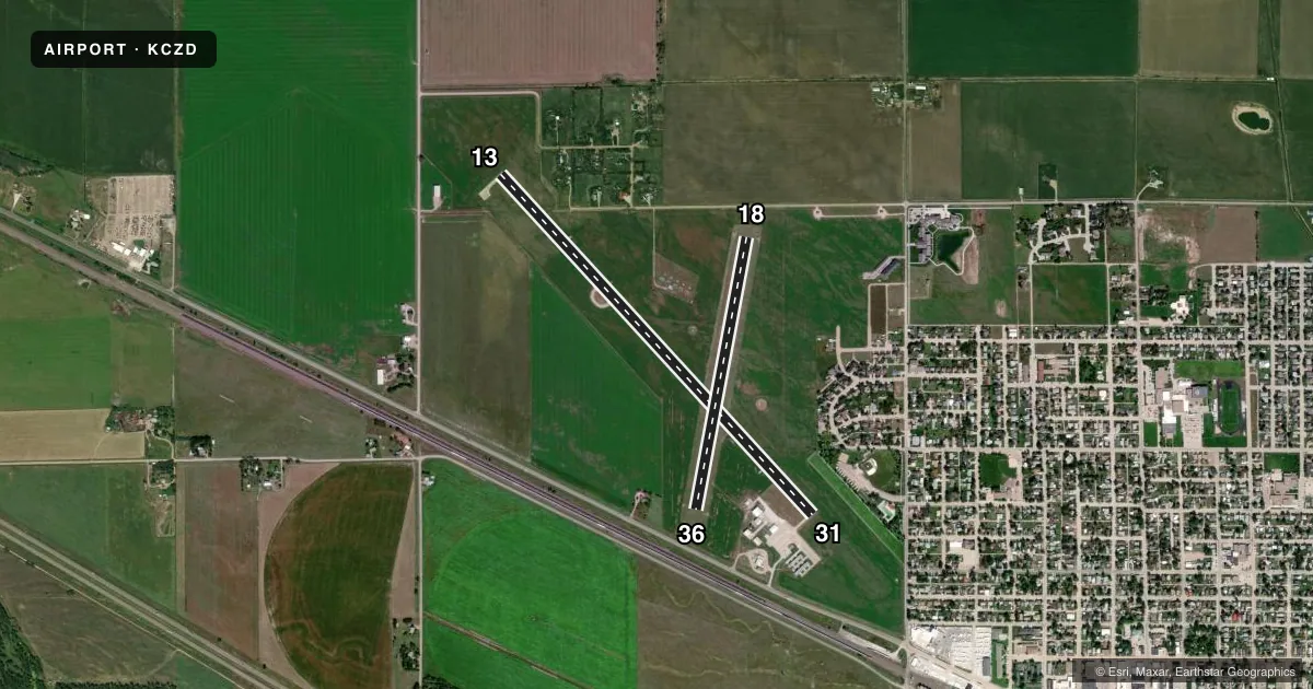 Top-down satellite sketch of KCZD COZAD MUNI in COZAD, NEBRASKA, showing runways 13/31, 18/36 drawn to scale over Esri World Imagery