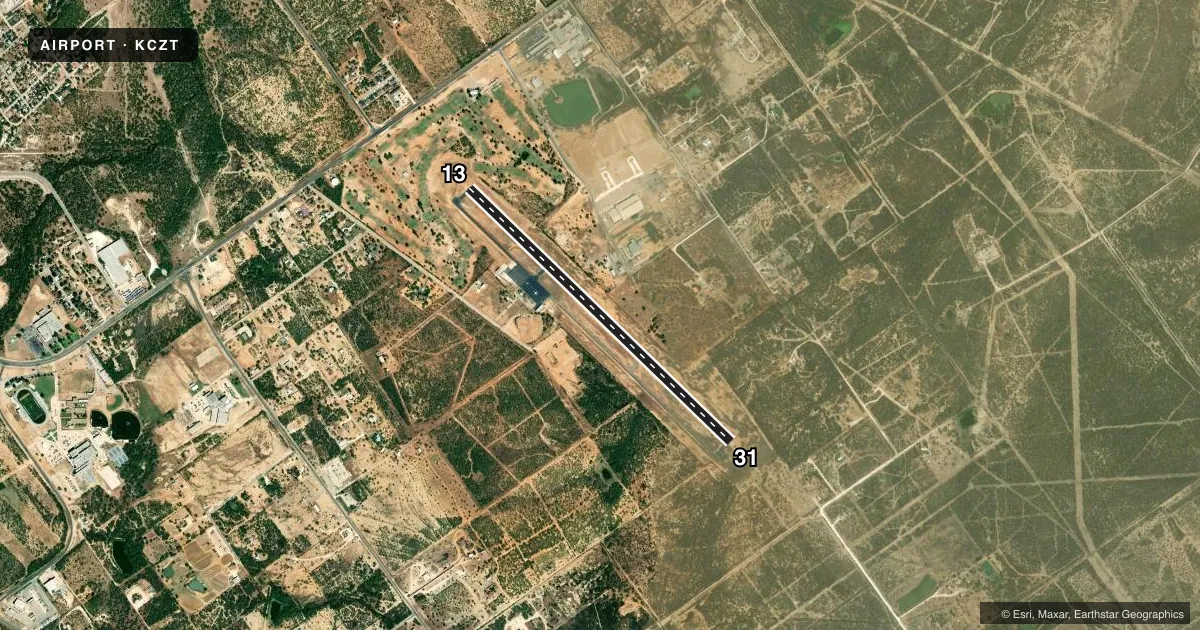 Top-down satellite sketch of KCZT DIMMIT COUNTY in CARRIZO SPRINGS, TEXAS, showing runways 13/31 drawn to scale over Esri World Imagery