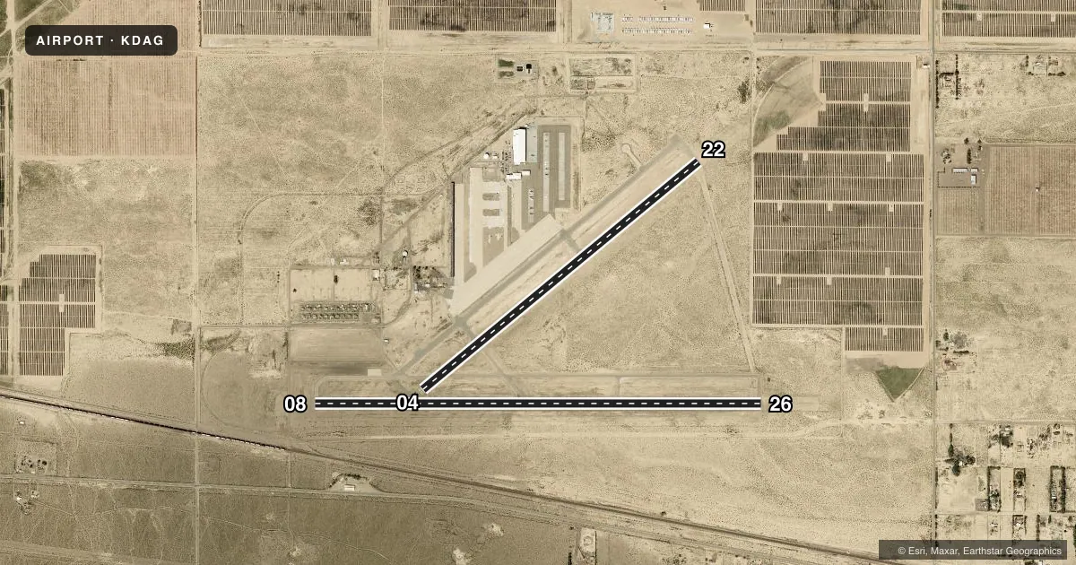 Top-down satellite sketch of KDAG BARSTOW-DAGGETT in DAGGETT, CALIFORNIA, showing runways 08/26, 04/22 drawn to scale over Esri World Imagery