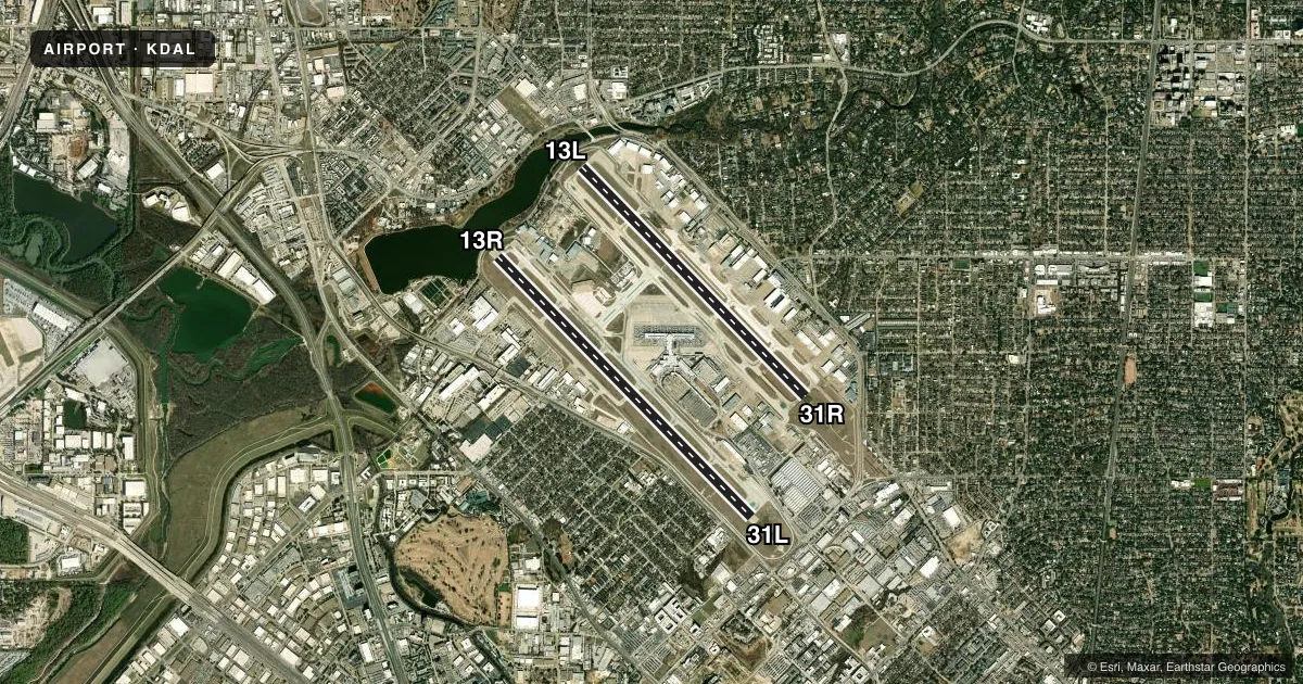 Top-down satellite sketch of KDAL DALLAS LOVE FLD in DALLAS, TEXAS, showing runways 13R/31L, 13L/31R drawn to scale over Esri World Imagery