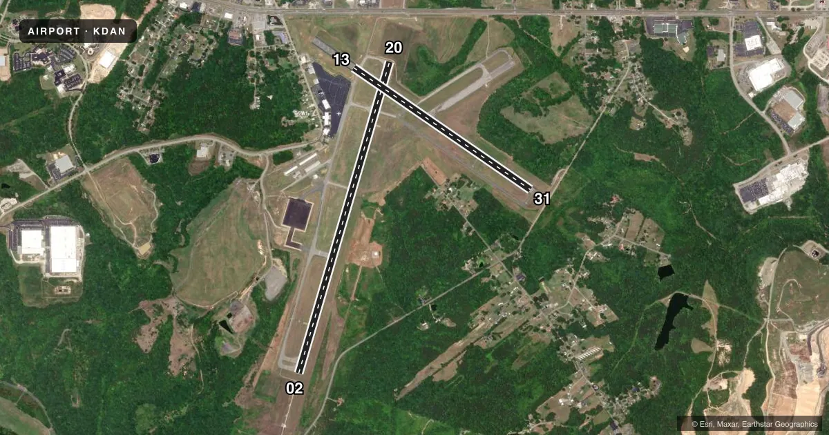 Top-down satellite sketch of KDAN DANVILLE RGNL in DANVILLE, VIRGINIA, showing runways 02/20, 13/31 drawn to scale over Esri World Imagery