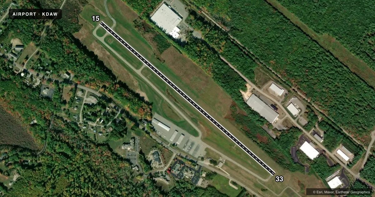 Top-down satellite sketch of KDAW SKYHAVEN in ROCHESTER, NEW HAMPSHIRE, showing runways 15/33 drawn to scale over Esri World Imagery
