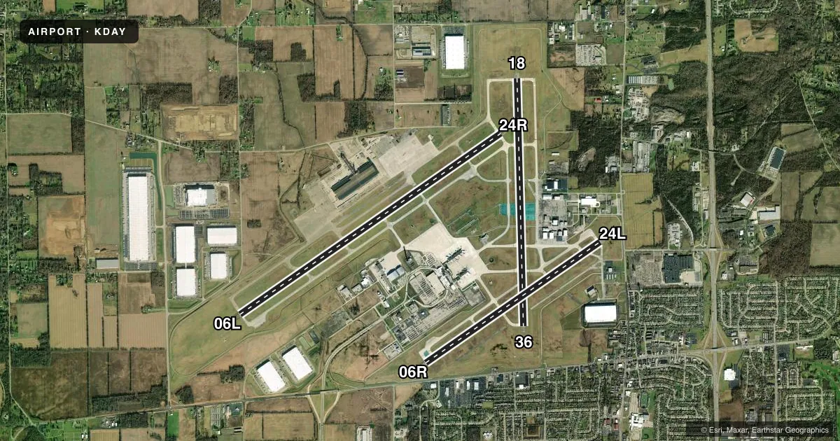 Top-down satellite sketch of KDAY JAMES M COX DAYTON INTL in DAYTON, OHIO, showing runways 06L/24R, 18/36, 06R/24L drawn to scale over Esri World Imagery