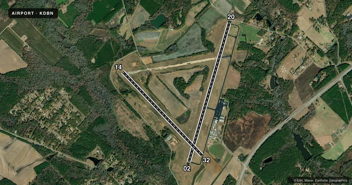Top-down satellite sketch of KDBN W H 'BUD' BARRON in DUBLIN, GEORGIA, showing runways 02/20, 14/32 drawn to scale over Esri World Imagery