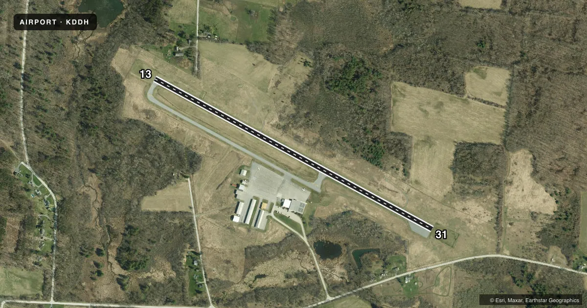 Top-down satellite sketch of KDDH WILLIAM H MORSE STATE in BENNINGTON, VERMONT, showing runways 13/31 drawn to scale over Esri World Imagery