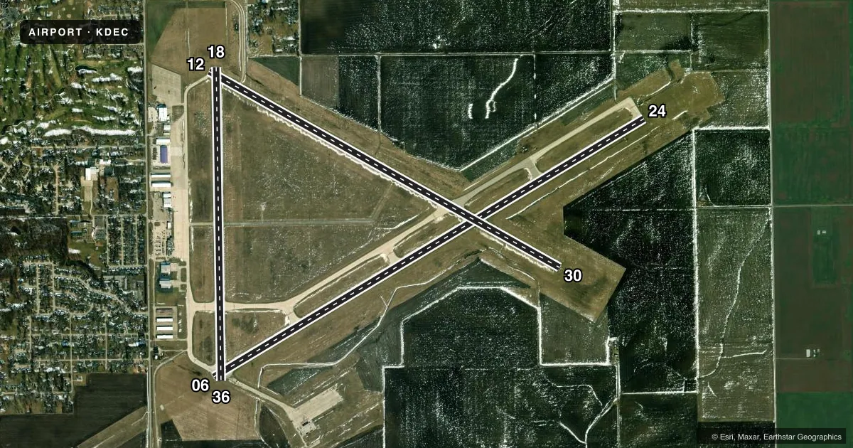 Top-down satellite sketch of KDEC DECATUR in DECATUR, ILLINOIS, showing runways 06/24, 12/30, 18/36 drawn to scale over Esri World Imagery