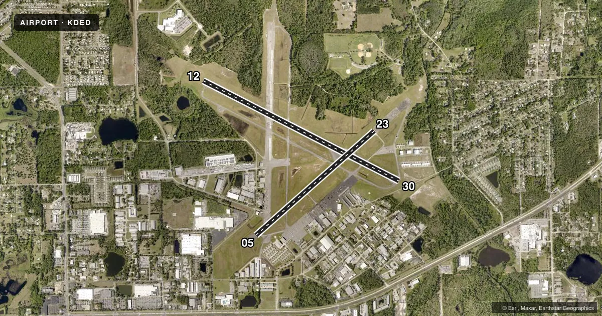 Top-down satellite sketch of KDED DELAND MUNI-SIDNEY H TAYLOR FLD in DELAND, FLORIDA, showing runways 12/30, 05/23 drawn to scale over Esri World Imagery