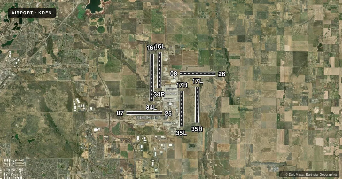 Top-down satellite sketch of KDEN DENVER INTL in DENVER, COLORADO, showing runways 16R/34L, 08/26, 17L/35R, 17R/35L, 07/25, 16L/34R drawn to scale over Esri World Imagery