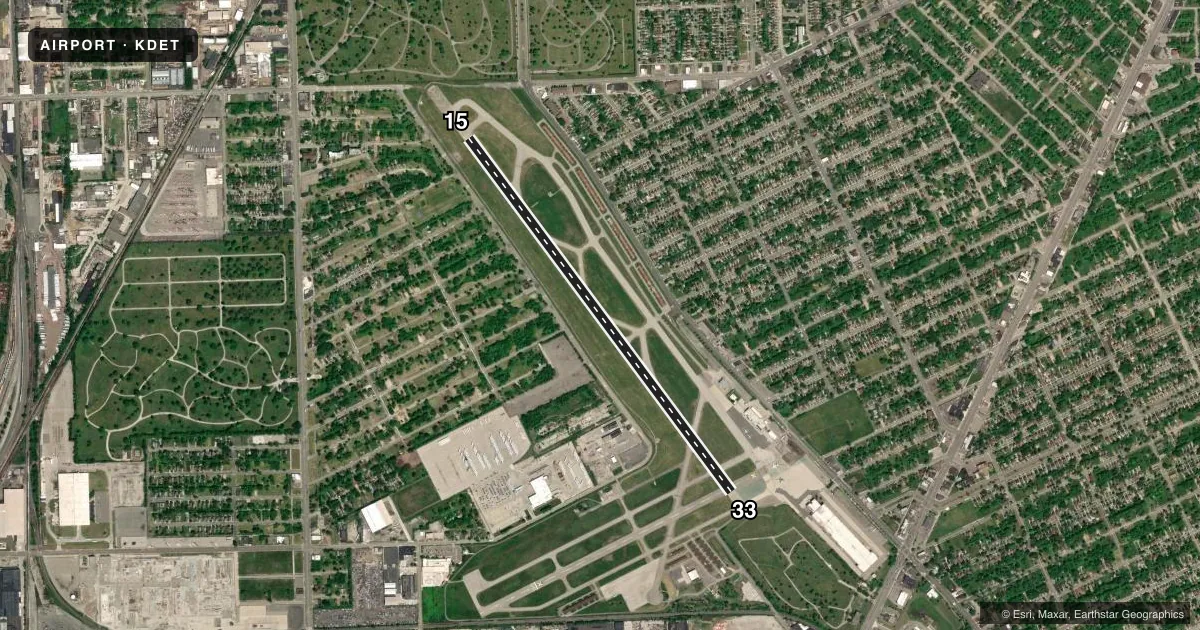Top-down satellite sketch of KDET COLEMAN A YOUNG MUNI in DETROIT, MICHIGAN, showing runways 15/33 drawn to scale over Esri World Imagery