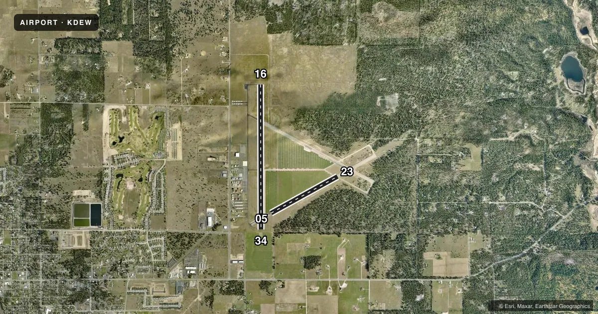 Top-down satellite sketch of KDEW DEER PARK in DEER PARK, WASHINGTON, showing runways 16/34, 05/23 drawn to scale over Esri World Imagery