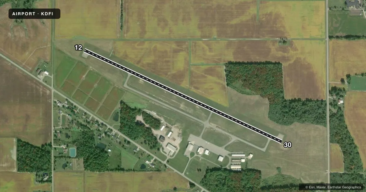 Top-down satellite sketch of KDFI DEFIANCE MEML in DEFIANCE, OHIO, showing runways 12/30 drawn to scale over Esri World Imagery