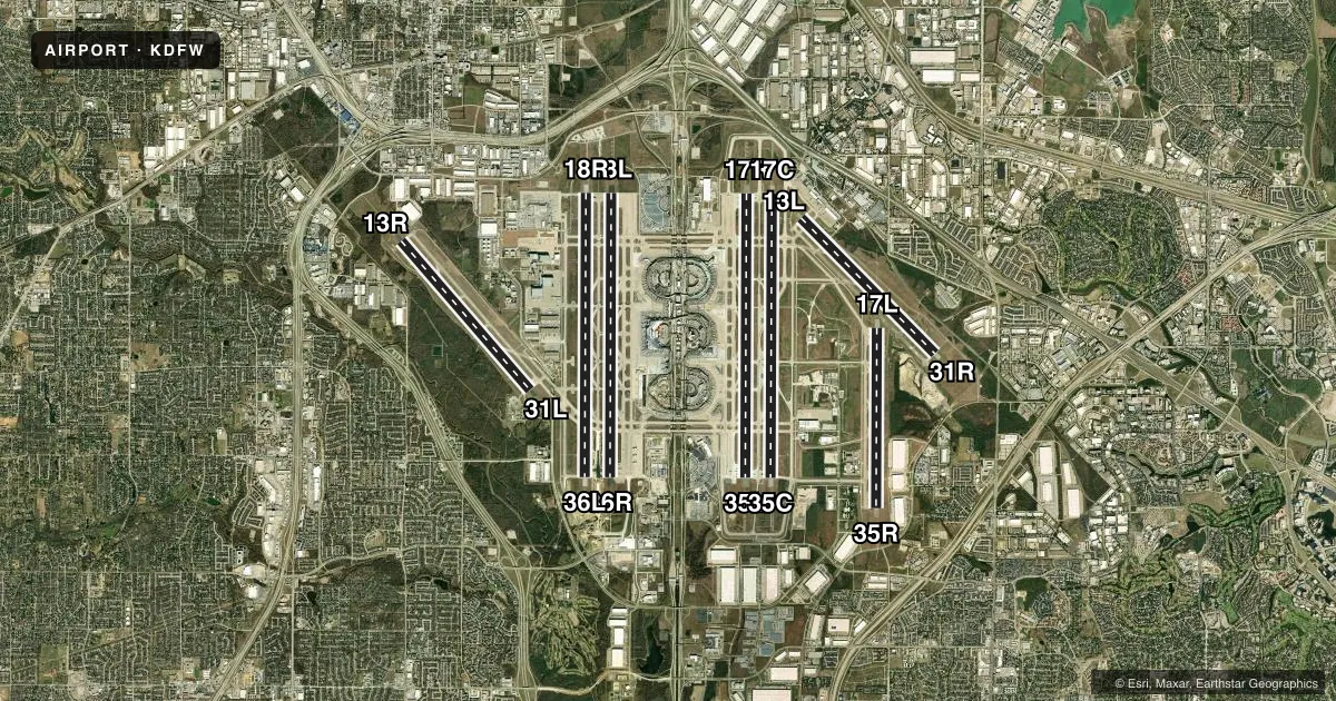 Top-down satellite sketch of KDFW DALLAS-FORT WORTH INTL in DALLAS-FORT WORTH, TEXAS, showing runways 18L/36R, 18R/36L, 17C/35C, 17R/35L, 13R/31L, 13L/31R, 17L/35R drawn to scale over Esri World Imagery