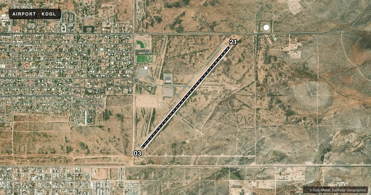 Top-down satellite sketch of KDGL DOUGLAS MUNI in DOUGLAS, ARIZONA, showing runways 03/21 drawn to scale over Esri World Imagery