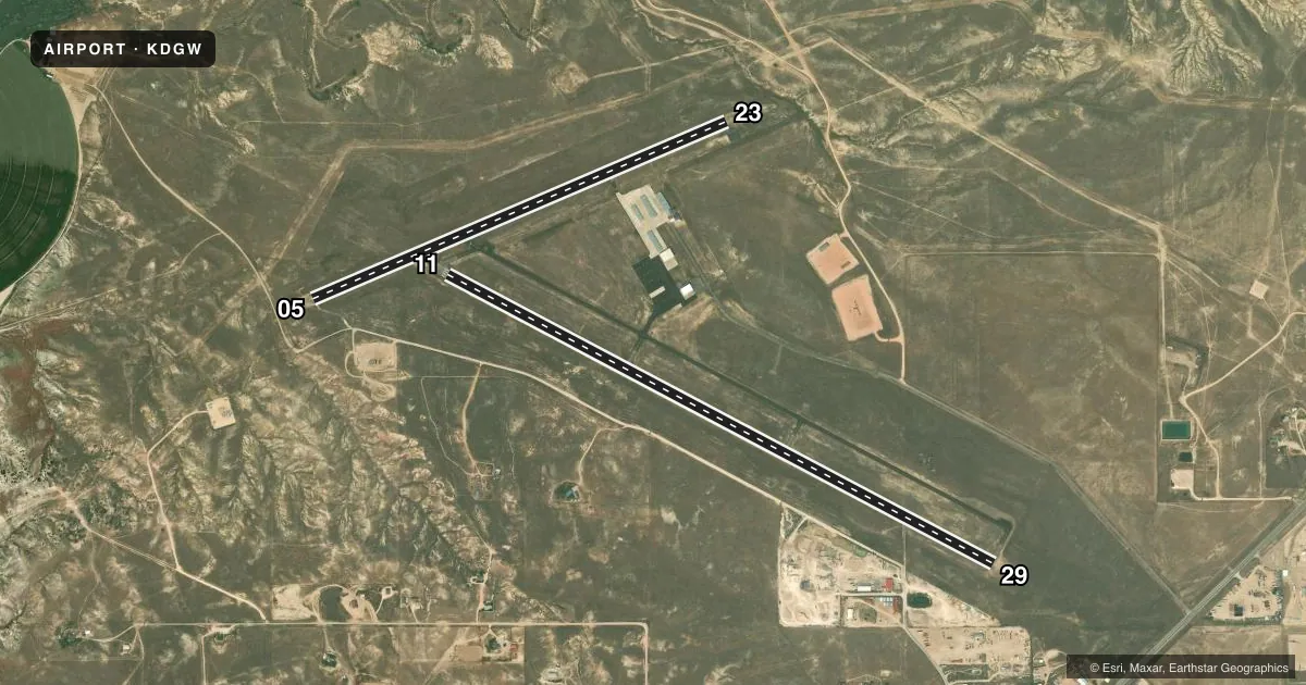 Top-down satellite sketch of KDGW CONVERSE COUNTY in DOUGLAS, WYOMING, showing runways 11/29, 05/23 drawn to scale over Esri World Imagery