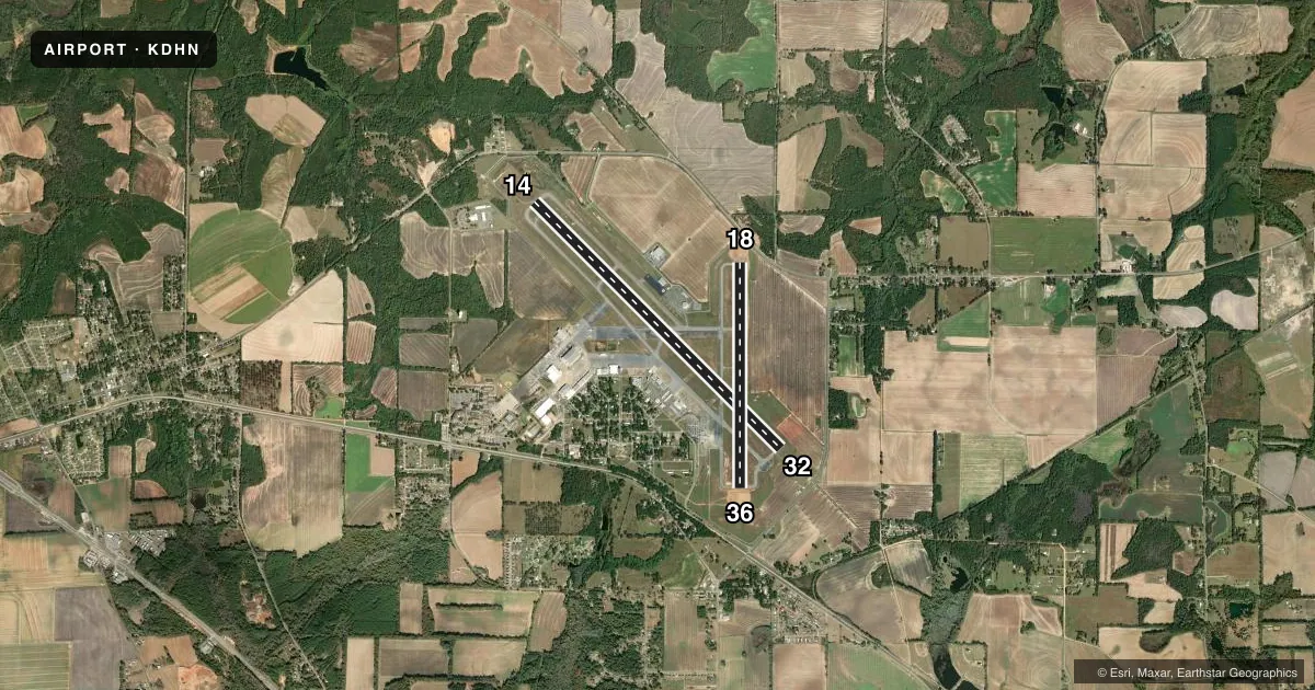 Top-down satellite sketch of KDHN DOTHAN RGNL in DOTHAN, ALABAMA, showing runways 14/32, 18/36 drawn to scale over Esri World Imagery