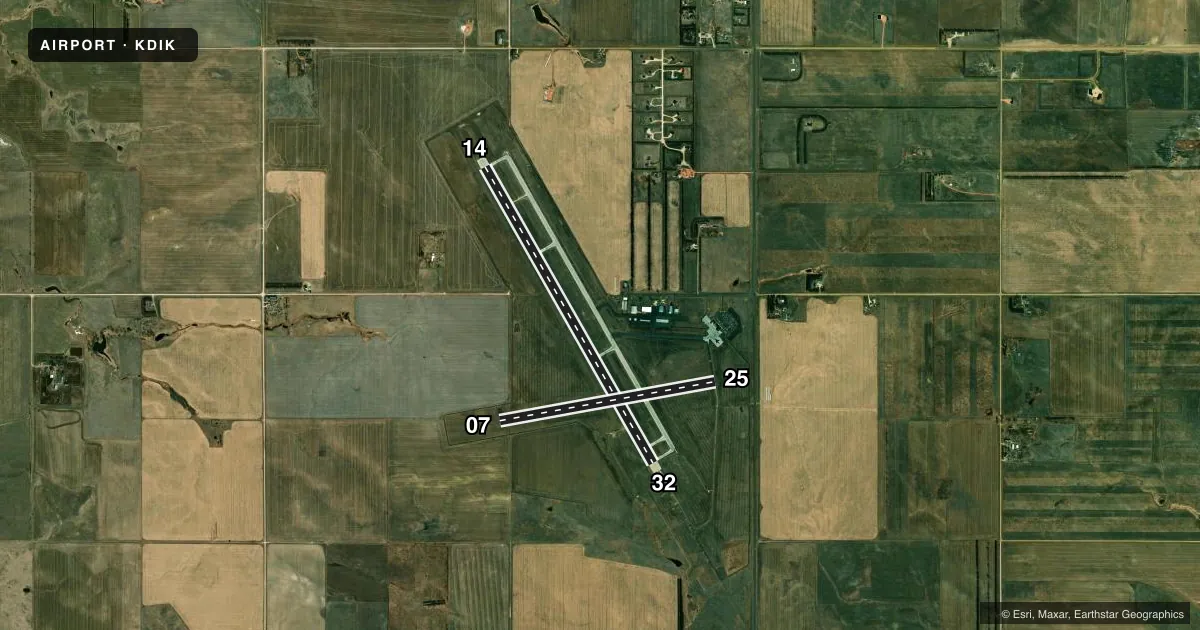 Top-down satellite sketch of KDIK DICKINSON/THEODORE ROOSEVELT RGNL in DICKINSON, NORTH DAKOTA, showing runways 14/32, 07/25 drawn to scale over Esri World Imagery