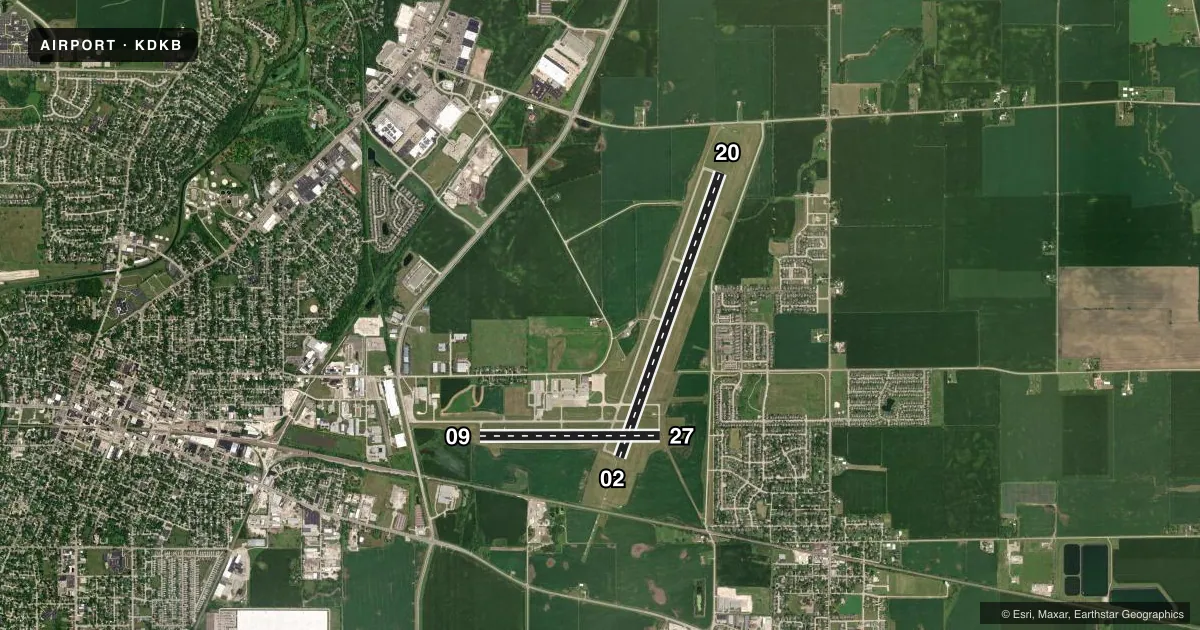 Top-down satellite sketch of KDKB DE KALB TAYLOR MUNI in DE KALB, ILLINOIS, showing runways 02/20, 09/27 drawn to scale over Esri World Imagery