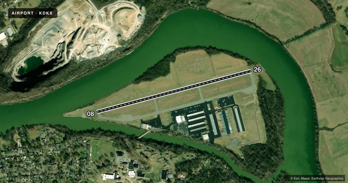 Top-down satellite sketch of KDKX KNOXVILLE DOWNTOWN ISLAND in KNOXVILLE, TENNESSEE, showing runways 08/26 drawn to scale over Esri World Imagery