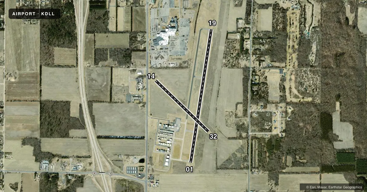 Top-down satellite sketch of KDLL BARABOO/WISCONSIN DELLS RGNL in BARABOO, WISCONSIN, showing runways 01/19, 14/32 drawn to scale over Esri World Imagery
