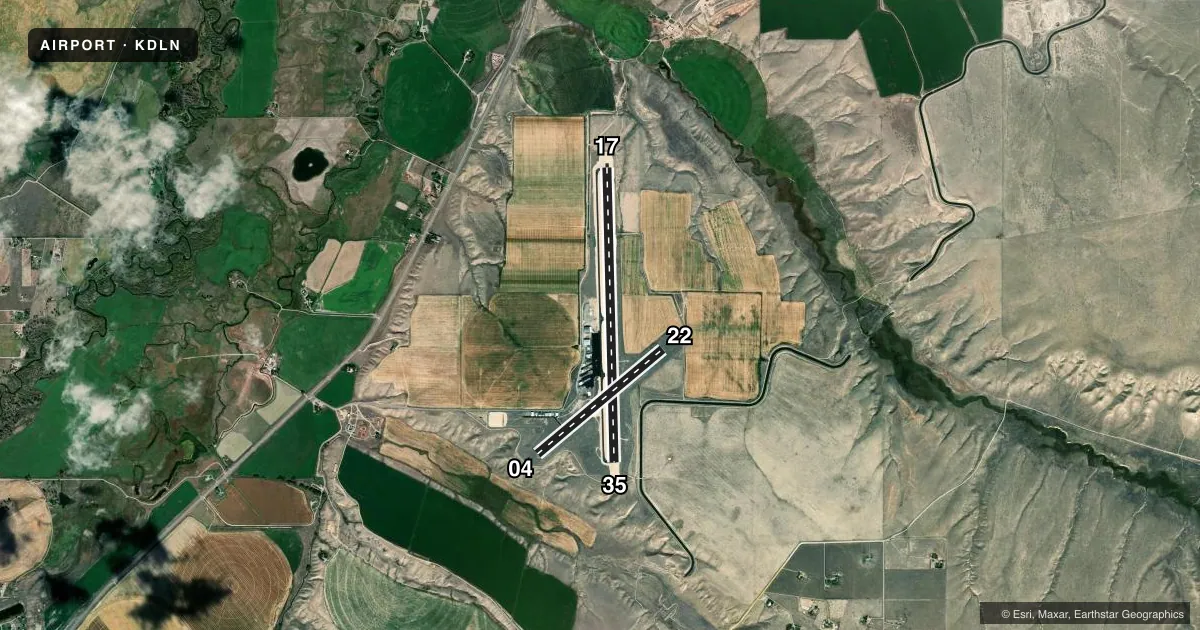 Top-down satellite sketch of KDLN DILLON in DILLON, MONTANA, showing runways 17/35, 04/22 drawn to scale over Esri World Imagery