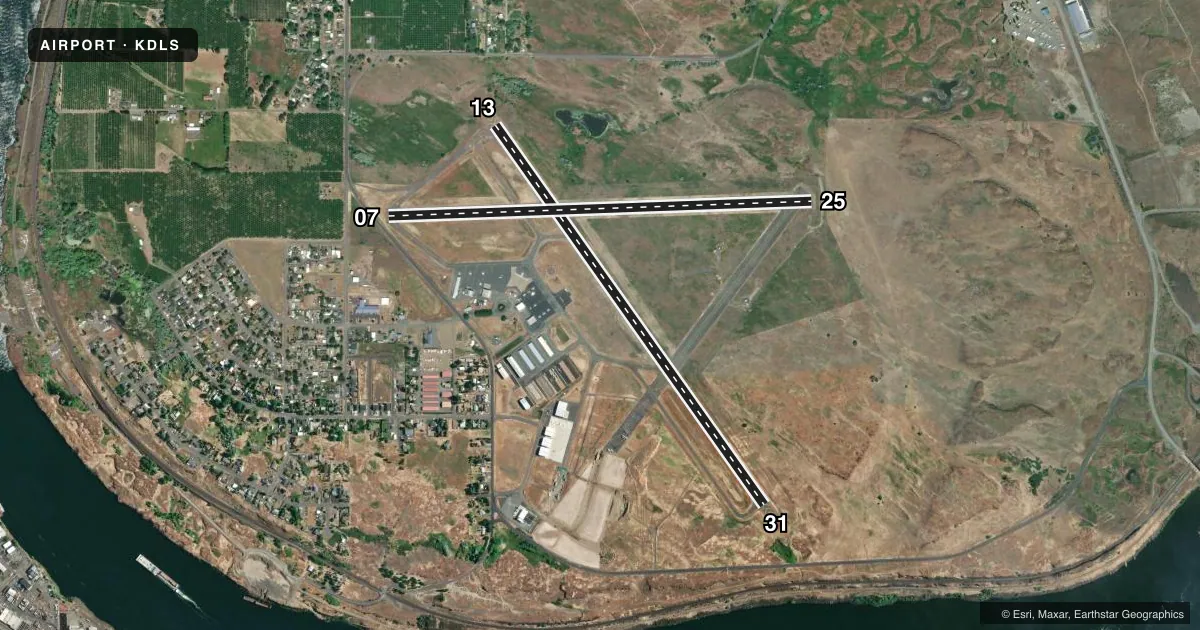 Top-down satellite sketch of KDLS COLUMBIA GORGE RGNL/THE DALLES MUNI in THE DALLES, OREGON, showing runways 13/31, 07/25 drawn to scale over Esri World Imagery
