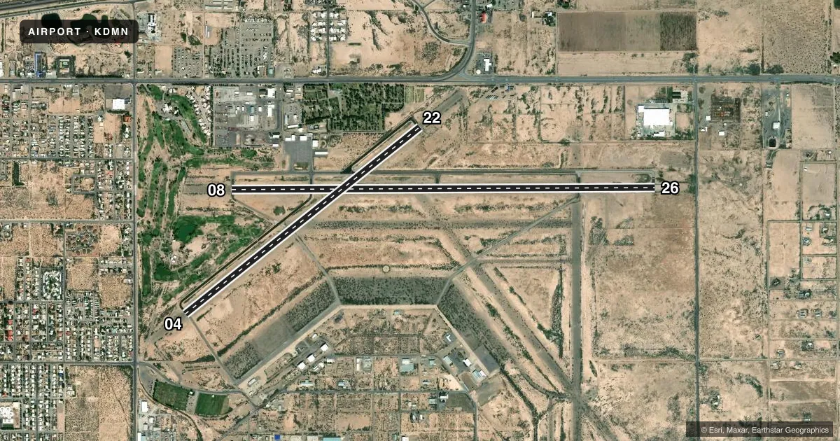 Top-down satellite sketch of KDMN DEMING MUNI in DEMING, NEW MEXICO, showing runways 08/26, 04/22 drawn to scale over Esri World Imagery