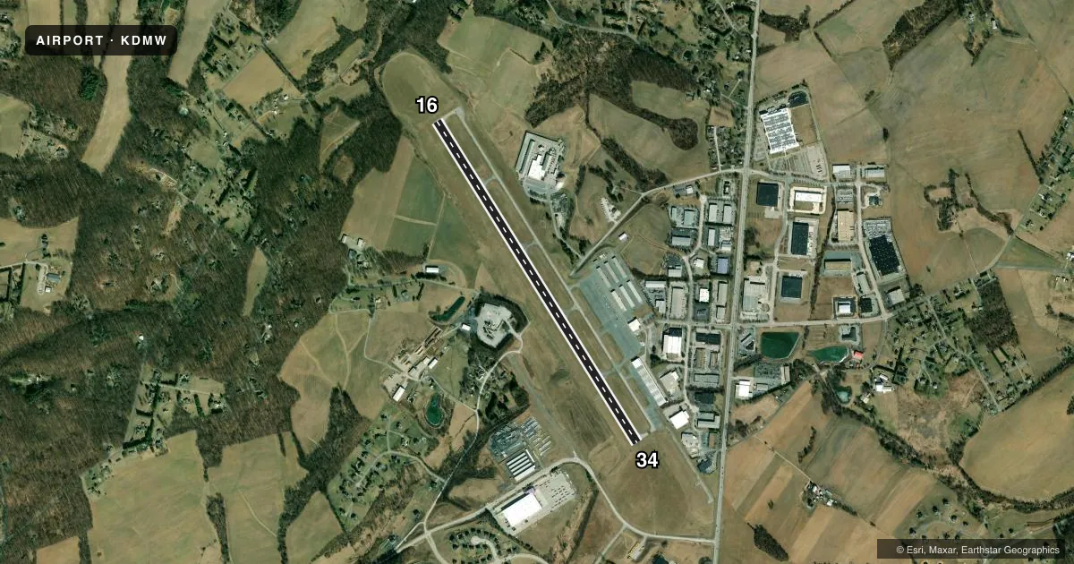 Top-down satellite sketch of KDMW CARROLL COUNTY RGNL/JACK B POAGE FLD in WESTMINSTER, MARYLAND, showing runways 16/34 drawn to scale over Esri World Imagery