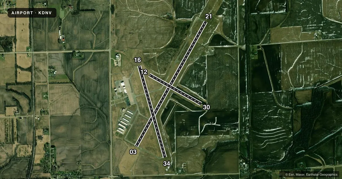 Top-down satellite sketch of KDNV VERMILION RGNL in DANVILLE, ILLINOIS, showing runways 03/21, 16/34, 12/30 drawn to scale over Esri World Imagery