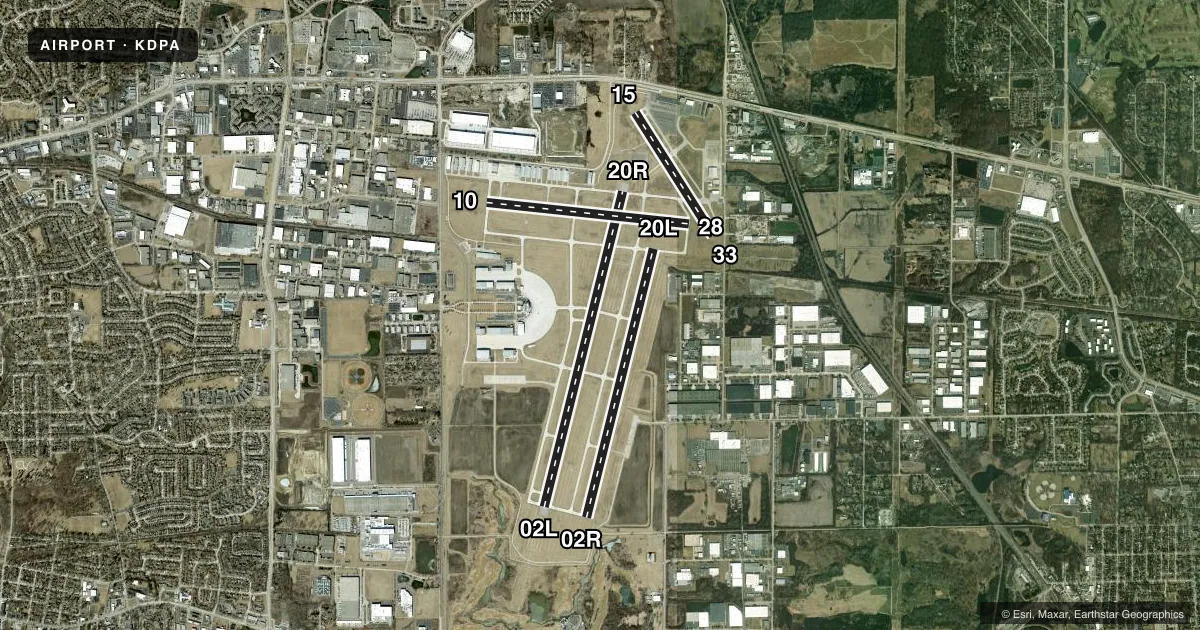 Top-down satellite sketch of KDPA DUPAGE in CHICAGO/WEST CHICAGO, ILLINOIS, showing runways 02L/20R, 02R/20L, 10/28, 15/33 drawn to scale over Esri World Imagery