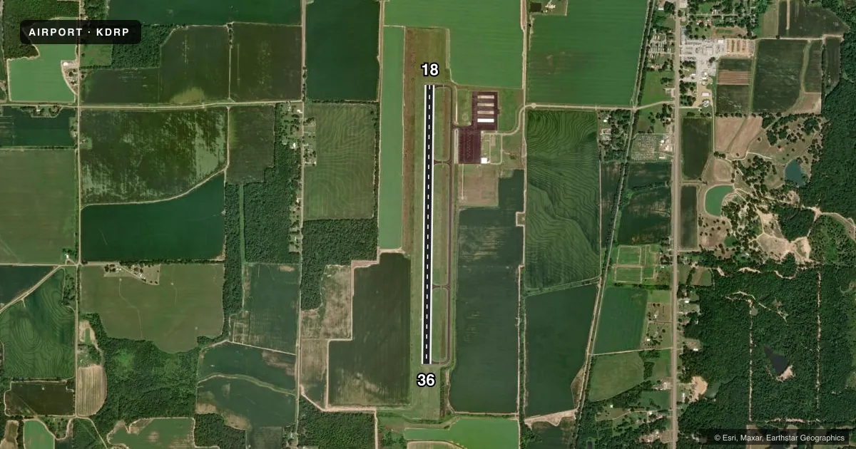 Top-down satellite sketch of KDRP DELTA RGNL in COLT, ARKANSAS, showing runways 18/36 drawn to scale over Esri World Imagery