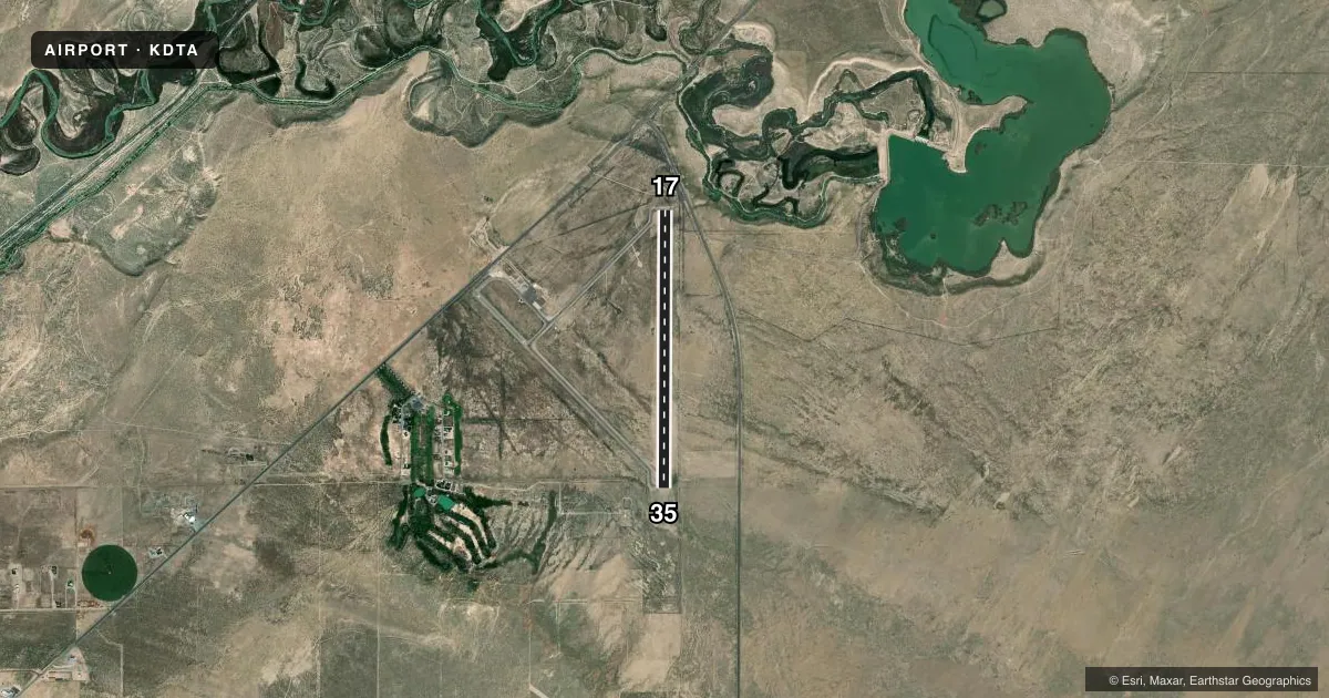 Top-down satellite sketch of KDTA DELTA MUNI in DELTA, UTAH, showing runways 17/35 drawn to scale over Esri World Imagery