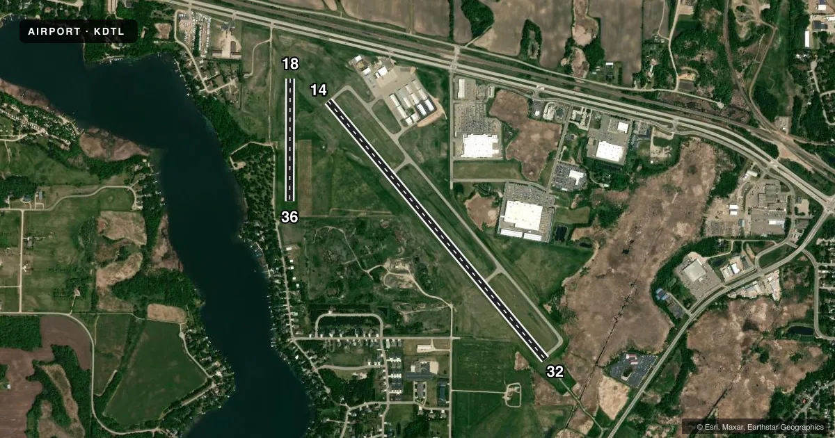 Top-down satellite sketch of KDTL DETROIT LAKES/WETHING FLD in DETROIT LAKES, MINNESOTA, showing runways 14/32, 18/36 drawn to scale over Esri World Imagery