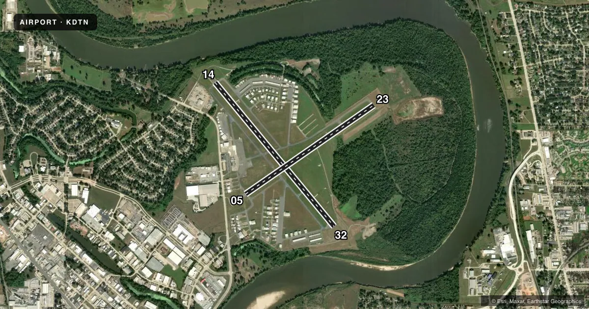 Top-down satellite sketch of KDTN SHREVEPORT DOWNTOWN in SHREVEPORT, LOUISIANA, showing runways 14/32, 05/23 drawn to scale over Esri World Imagery