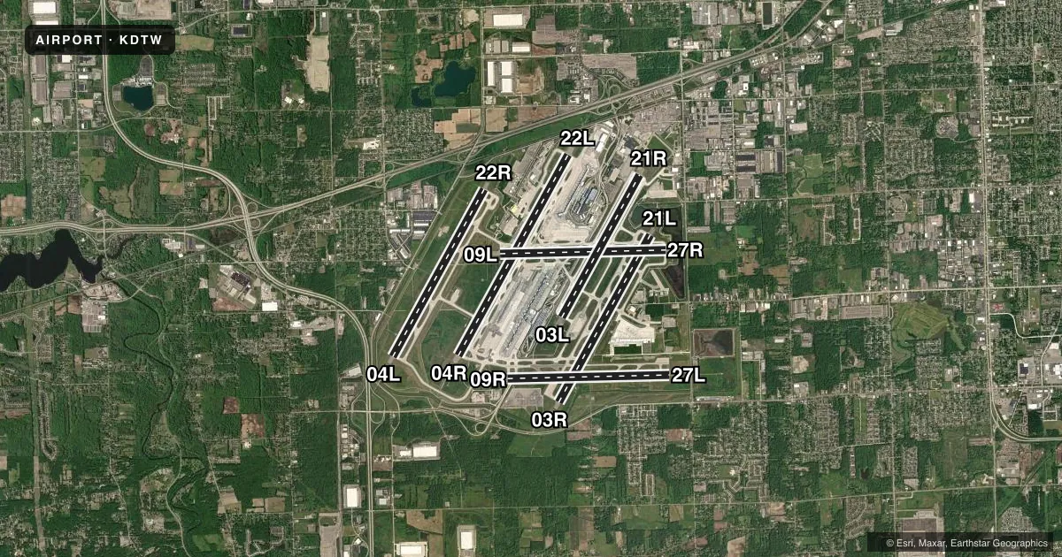 Top-down satellite sketch of KDTW DETROIT METRO WAYNE COUNTY in DETROIT, MICHIGAN, showing runways 04R/22L, 03R/21L, 04L/22R, 09L/27R, 03L/21R, 09R/27L drawn to scale over Esri World Imagery