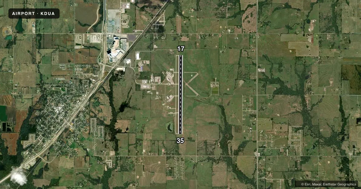 Top-down satellite sketch of KDUA DURANT RGNL/EAKER FLD in DURANT, OKLAHOMA, showing runways 17/35 drawn to scale over Esri World Imagery