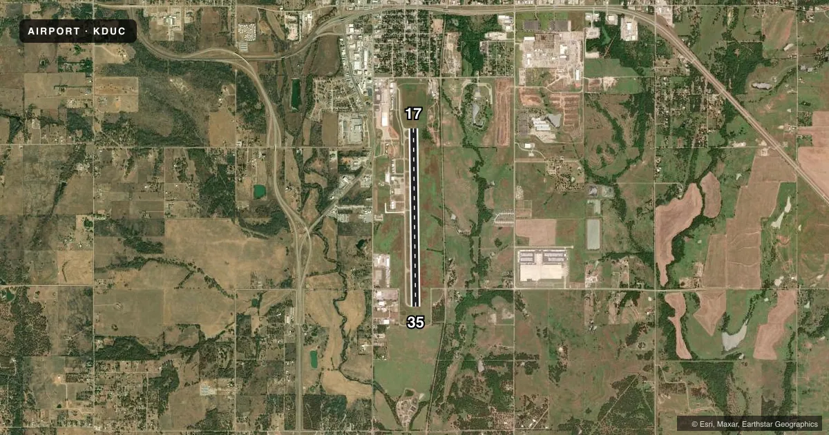 Top-down satellite sketch of KDUC HALLIBURTON FLD in DUNCAN, OKLAHOMA, showing runways 17/35 drawn to scale over Esri World Imagery