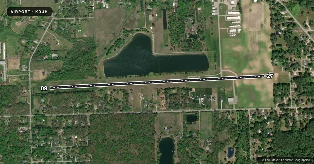 Top-down satellite sketch of KDUH TOLEDO SUBURBAN in LAMBERTVILLE, MICHIGAN, showing runways 09/27 drawn to scale over Esri World Imagery