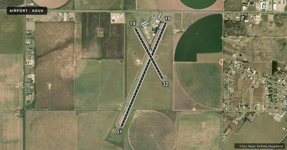 Top-down satellite sketch of KDUX MOORE COUNTY in DUMAS, TEXAS, showing runways 01/19, 14/32 drawn to scale over Esri World Imagery