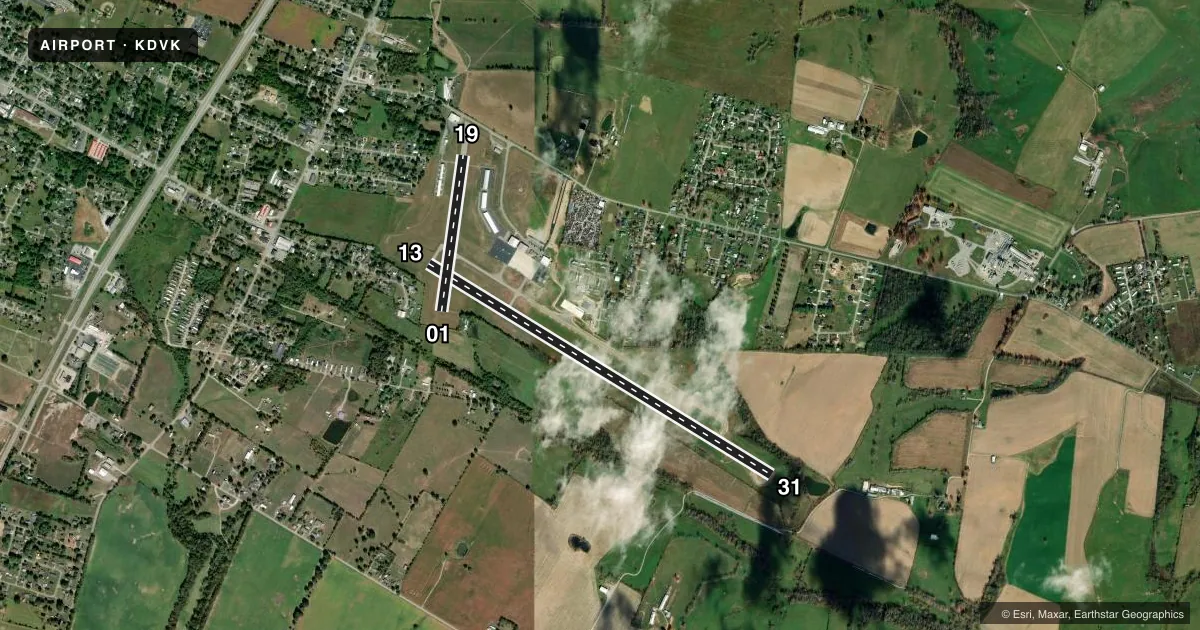Top-down satellite sketch of KDVK STUART POWELL FLD in DANVILLE, KENTUCKY, showing runways 13/31, 01/19 drawn to scale over Esri World Imagery